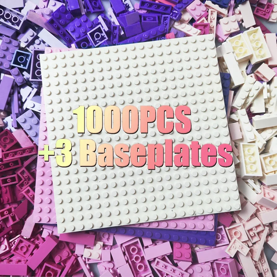 1000 Pieces Classic Building Bricks, Classic Stackable Base Plates, 3 6.3" x 6.3" White, Pink and Purple Base Plates, Compatible with All Major Brands (Macaron)