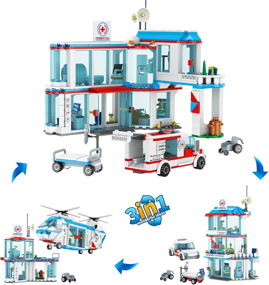 City Hospital STEM 3 in1 Building Sets, Compatible with Lego Ambulance Tor Truck, Rescue Helicopter, Connect to Other City Sets, 687 PCS Best Gift for 6 7 8 9 10 Boys