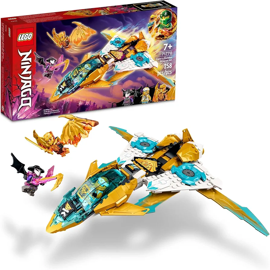 LEGO NINJAGO Zane's Golden Dragon Jet, 71770 Toy Plane Set, Birthday Gift Idea for Kids, Boys and Girls 7 Plus Years Old with Cole & Zane Minifigures