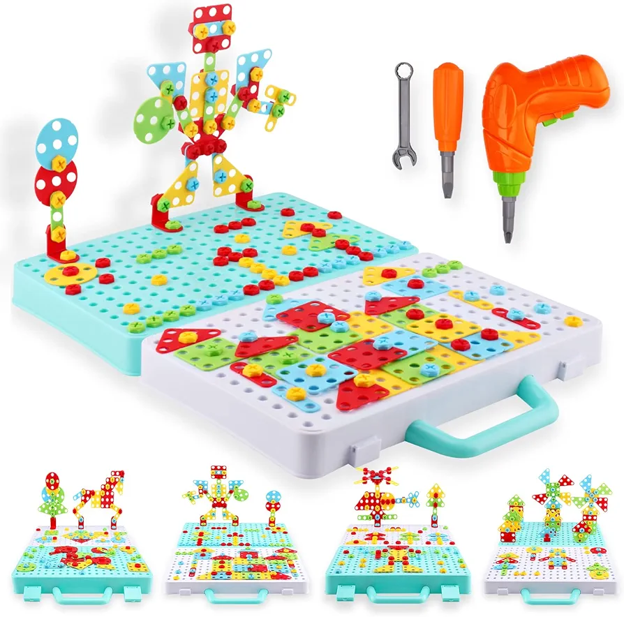 IK COLOURING 276PCS Electric DIY Drill STEM Puzzle Toy Set, Creative Mosaic Drill Puzzle Kit, 2D 3D Educational Building Blocks Construction Tool Kits, Design and Drill Stem Toys for 3 4 5 6 7 8 Year