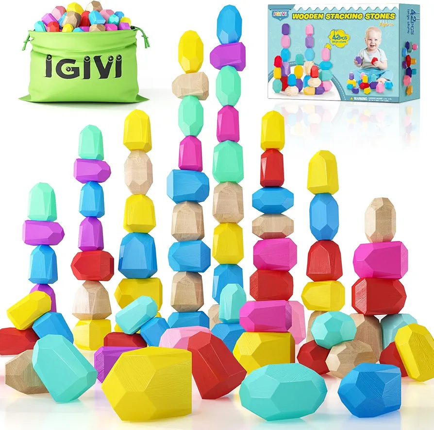 Montessori Toys Rainbow Wooden Stacking Toys for Toddlers 1-3, 42 Natural Wood Blocks, Early Learning Sensory Toys for Toddlers, Birthday Gifts Toys for 2-4 Year Old Boys & Girls