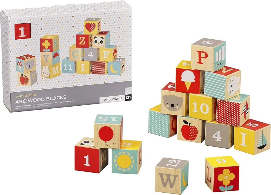 Petit Collage Eco-Friendly ABC Wooden Blocks, Set of 15 – Solid Wooden Blocks for Kids 12 Month and Older – Wooden Alphabet Blocks Measure 1.75” Each, Activity Toys Designed with Safe Materials