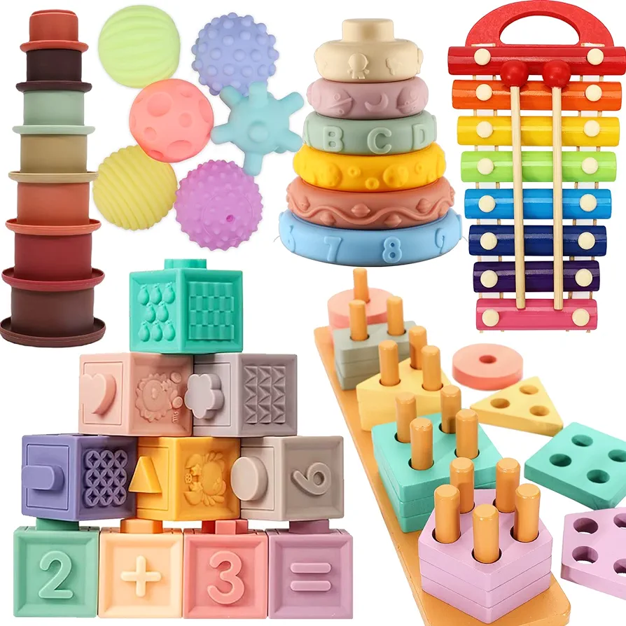 AZEN Baby Toys 6 to 12 Months, 6 in 1 Montessori Toys for Babies 6-12 Months, Sensory Toys for Toddlers 1-3, Montessori Toys for 1 Year Old, 6 Month Old Baby Toys, Infant Teething Toys