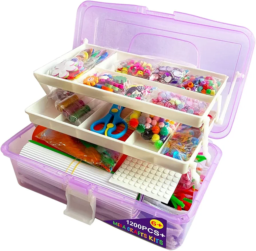 MOVEBO Mega Kids Crafts and Art Supplies case Kit - 1200+ Piece Set - Make Bracelets and Necklaces - Plus Glitter Glue, Construction Paper, Colored Popsicle Sticks, Google Eyes, Pipe Cleaners