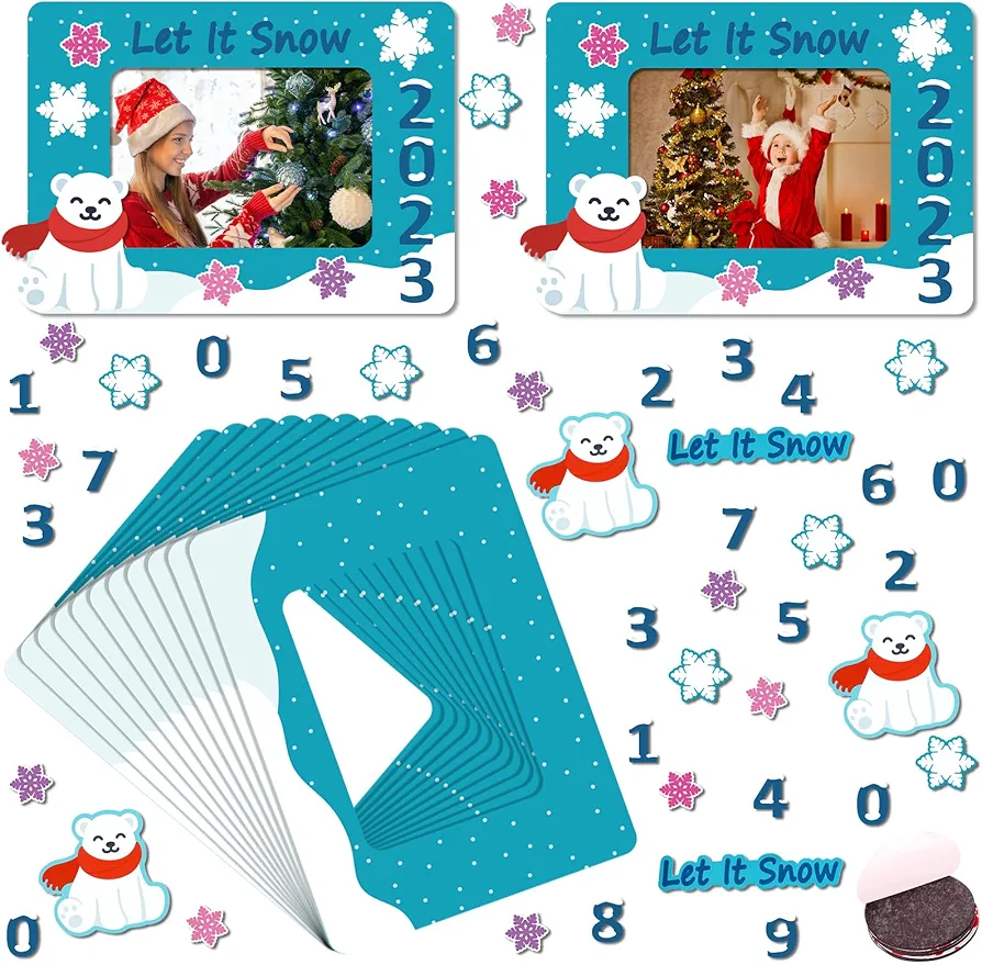 24 Sets Dated Winter Picture Frame Craft Kit Magnet Christmas Photo Frames with Snowflake Stickers Winter DIY Crafts for Kids Toddlers Xmas Gift Decorations Fun Holiday Party Activities