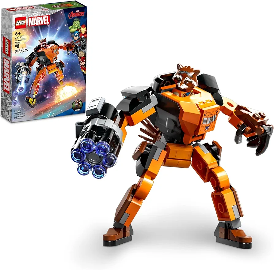 LEGO Marvel Rocket Mech Armor Set 76243, Guardians of The Galaxy Racoon Buildable Action Figure Toy, Avengers Collectable Gift Idea for Kids 6 Plus Years Old