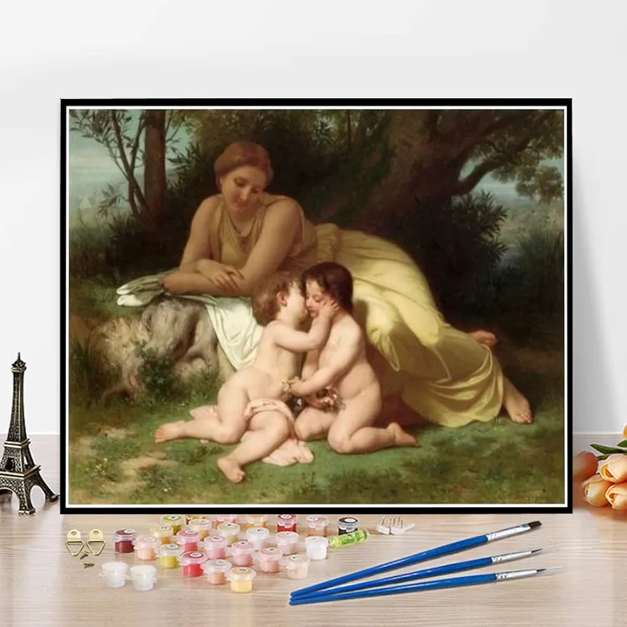 DIY Painting Kits for Adults Young Woman Contemplating Two Embracing Children Painting by William-Adolphe Bouguereau Arts Craft for Home Wall Decor