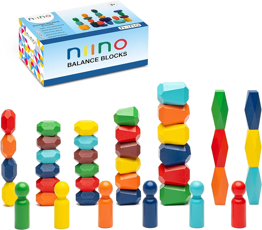 Niino 16 Pcs Wooden Blocks-Wooden Stone Balancing Blocks- Wooden Stacking Toys-Wooden Stones Building Blocks-Stacking Rocks-Colorful Natural Rainbow Stacking Sensory Toy… (20, Multicolor)