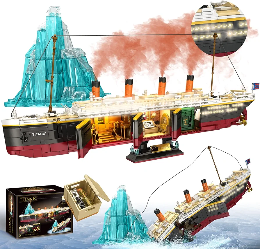 Titanic Building Blocks Set, 2288 Pieces Big Ship Block Model Set with Light Strip, Glacier, Ideal Gift for Adults and Kids