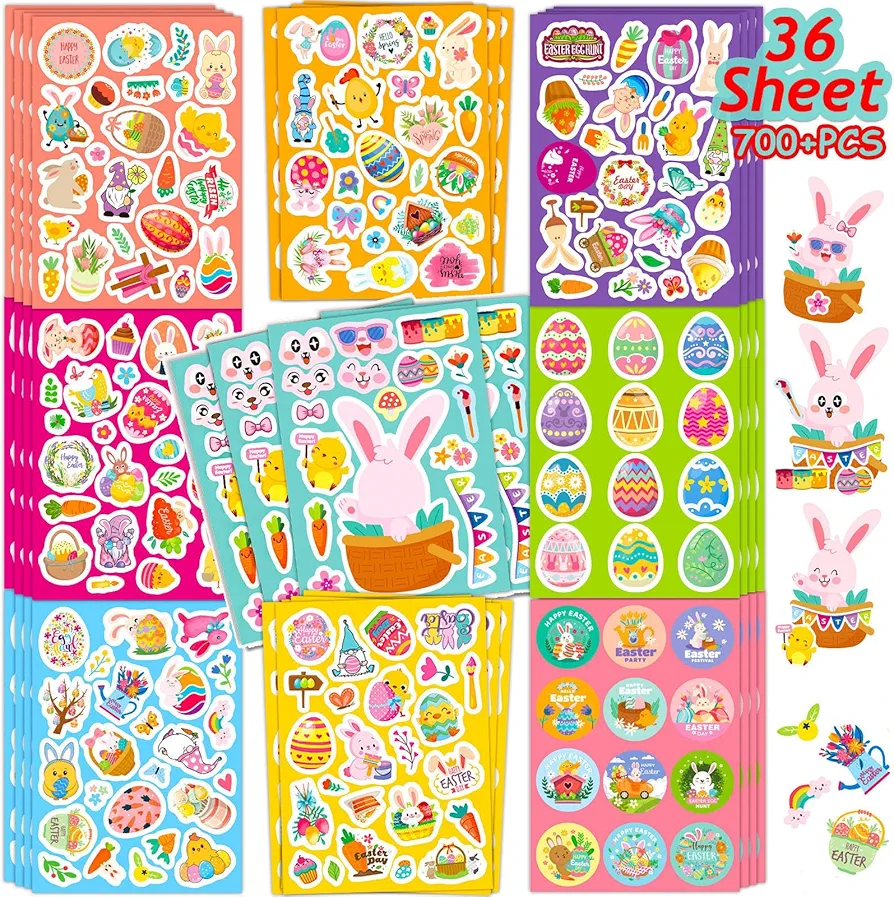 36 Sheets Easter Stickers for Kid, Bunny Make a Face Animal Stickers Bulk 700+Pcs Stickers Egg Decorations, Party Favor Supplies Bunny, Chicks, Basket, Art Craft DIY Game for Kids Easter Gifts