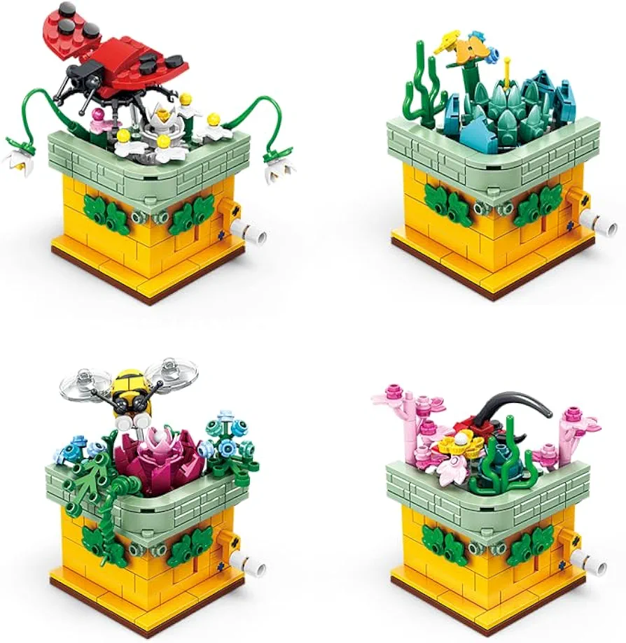 Toy Building Block, Insect Flowers Collection 4 in 1 Model Kit Bricks, Creative Insects Building Block Sets, Hobbies Christmas Birthday Gift for Nature Lovers Adult Kids Boys Girls 8+