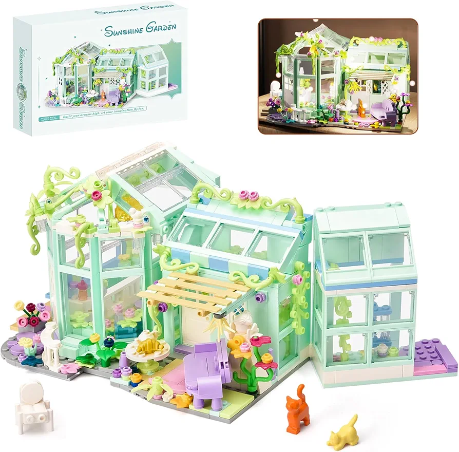 BNG Flower House Building Set, Friends Garden Building Toy with LED Light, Creative Greenhouse Model, Great Gift for Adult Boy and Girls Age 6-12 (782Pieces)