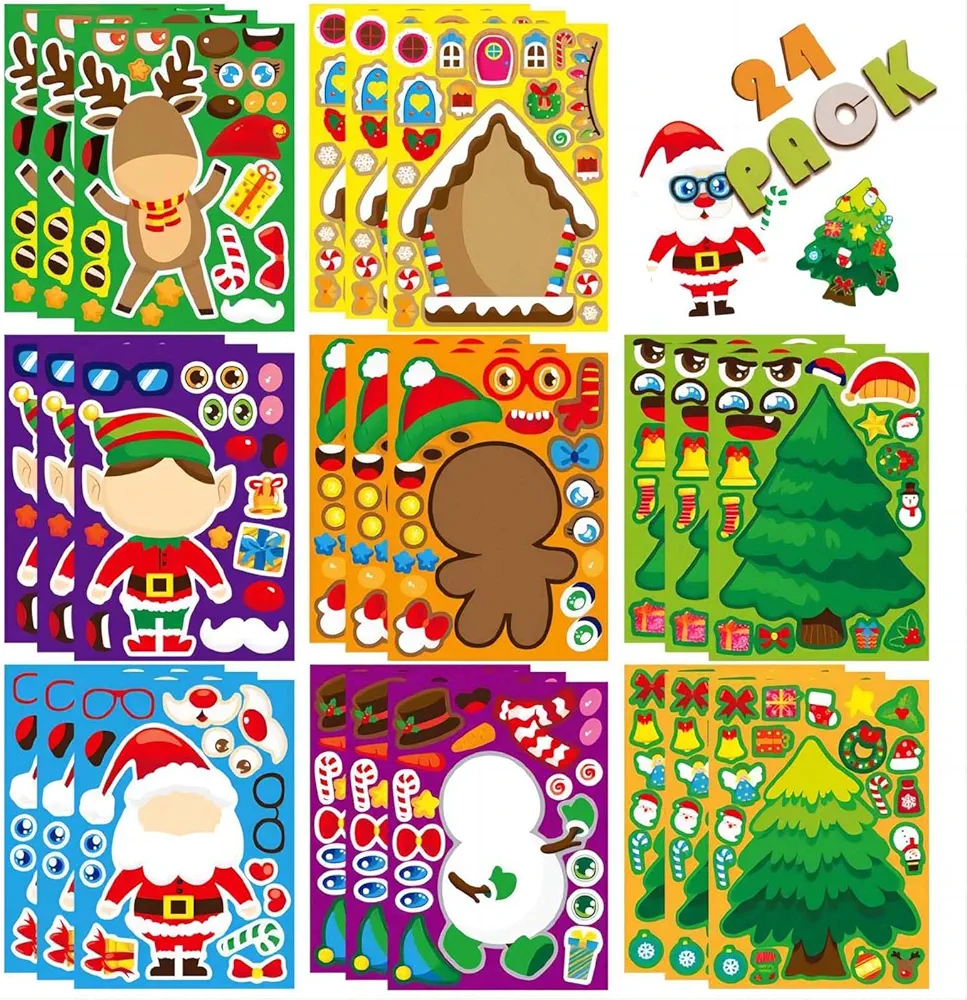 RUOKEXIN Christmas Stickers Party Favors for Kids,24 Sheets Make Your Own Christmas Stickers for Kids Christmas Crafts Party Supplies for Kids Holiday Stickers Bulk Christmas Classroom Activities