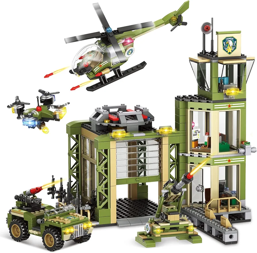 City War Army Toy - Military Base Building Blocks Set with Army Rescue Tower, Armored Vehicle, Drone, Cannon & Helicopter, Roleplay STEM Toys Birthday Gift for Kids Boys Aged 6+ (677 Pieces)