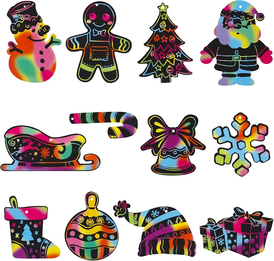 D4DREAM Rainbow Christmas Scratch Art Crafts for Kids 24Pcs Magic Scratch Off Paper Crafts Christmas Ornament DIY Santa Winter Christmas Party Decorations for Classroom Xmas Activities Favors Supplies