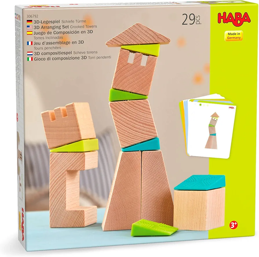 HABA Crooked Tower - 19 Wooden Blocks and 6 Wedges with Pattern Cards for Ages 4+(Made in Germany)