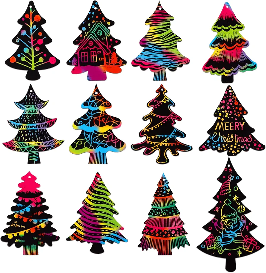 WaaHome Rainbow Christmas Scratch Art Crafts 24pcs Magic Scratch Off Paper Christmas Ornaments Crafts Activities for Kids, Christmas Tree Scratch Paper Winter Party Decorations Favors Supplies