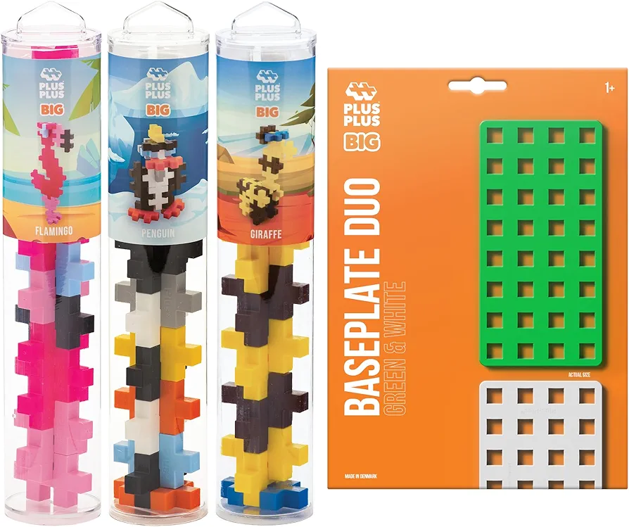 PLUS PLUS Big - Zoo Playset Bundle - 15 pc Penguin, Flamingo, Giraffe Tube & Baseplate Duo - Construction Building Stem/Steam Toy, Interlocking Large Puzzle Blocks for Toddlers and Preschool