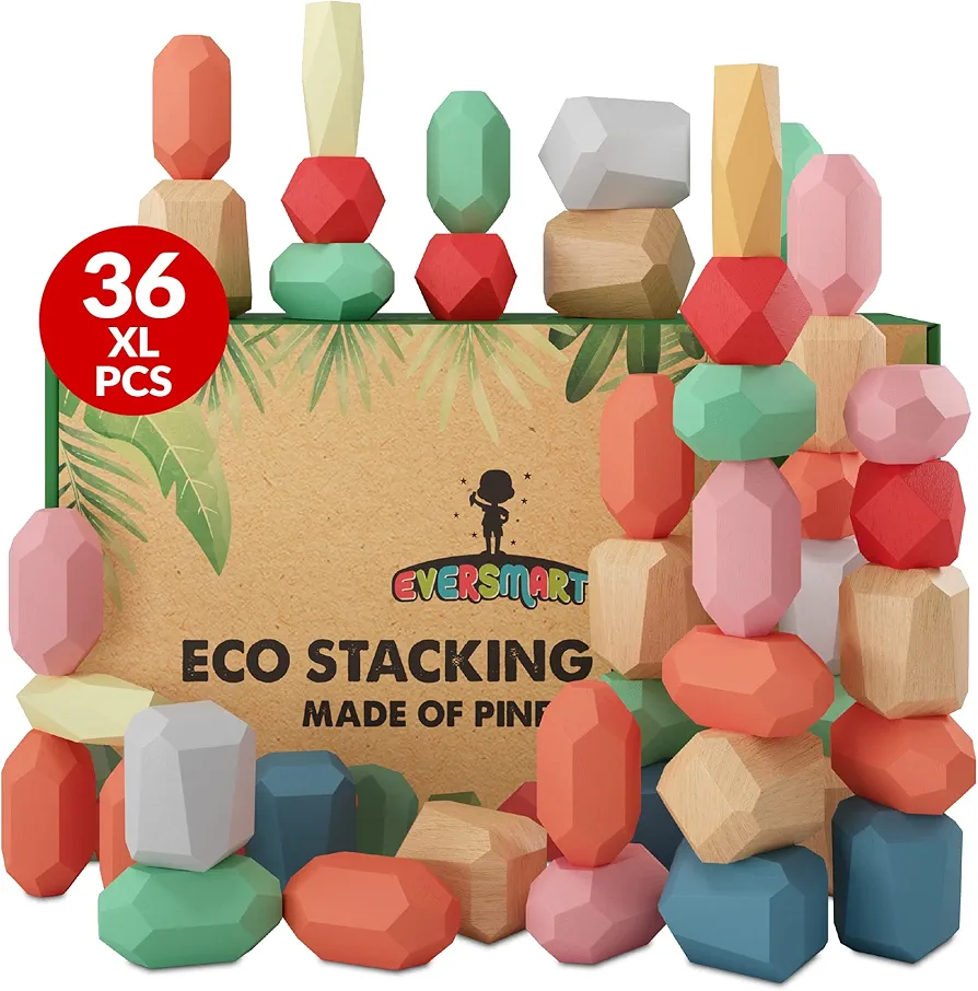 36 Pcs Wooden Stacking Blocks – Montessori Toys for 1 2 3 4 5 6 Year Old Toddlers and Kids, XL Rocks, No Choking Hazard – Sensory STEM Building Stones, Girl or Boy Birthday Gifts