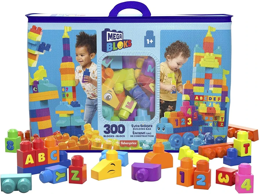 MEGA BLOKS First Builders Toddler Blocks Toys Set, Even Bigger Building Bag with 300 Pieces and Storage, Blue, Ages 1+ Years