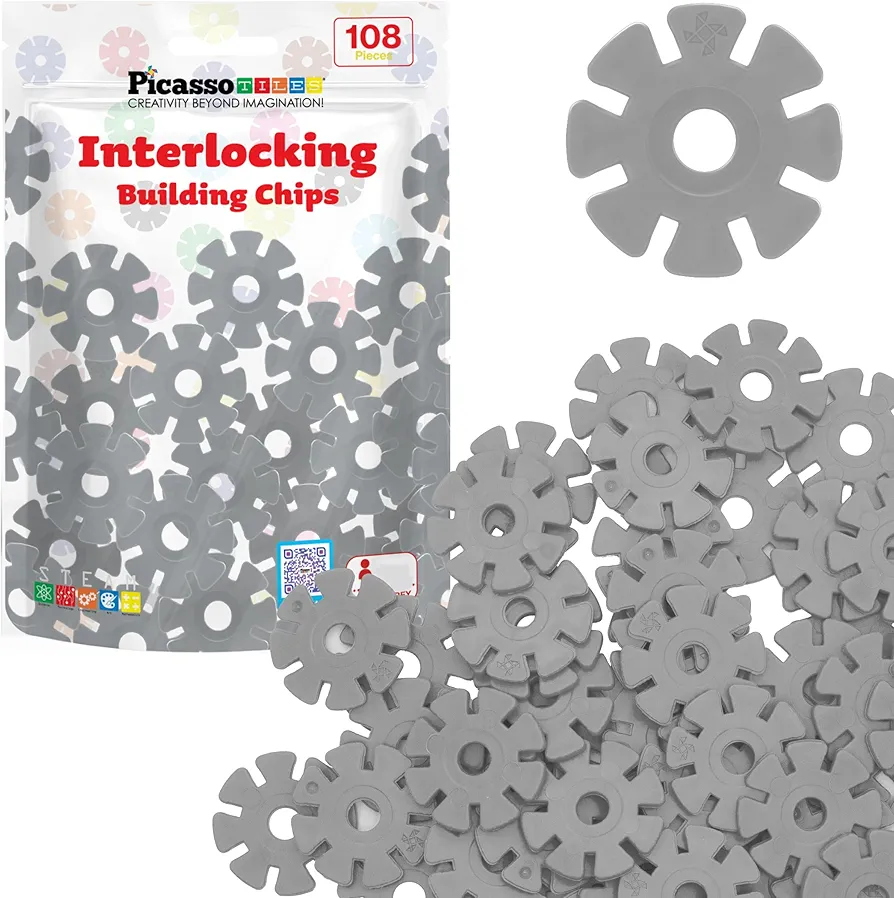 PicassoTiles Building Chip Interlocking Disc Construction Blocks in Gray Color STEM Learning Early Education Toy Engineering Playset Child Brain Development for Toddlers Girls Boys Kids Age 3+ PTF108