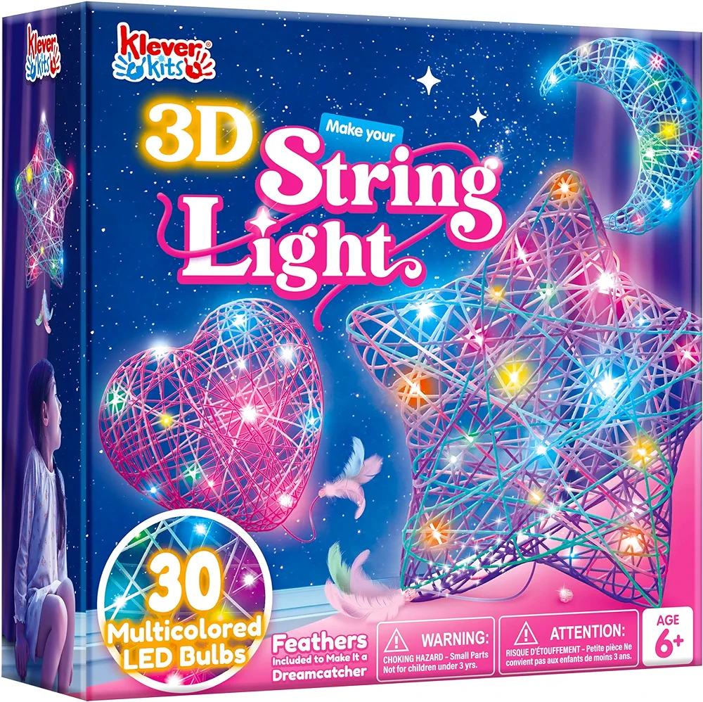 Klever Kits 3D String Art Kit for Kids, Light Up String Light Toy with 30 Multi-Colored LED Bulbs, Arts and Crafts Set, Birthday Gifts for Girls and Boys Ages 6-12