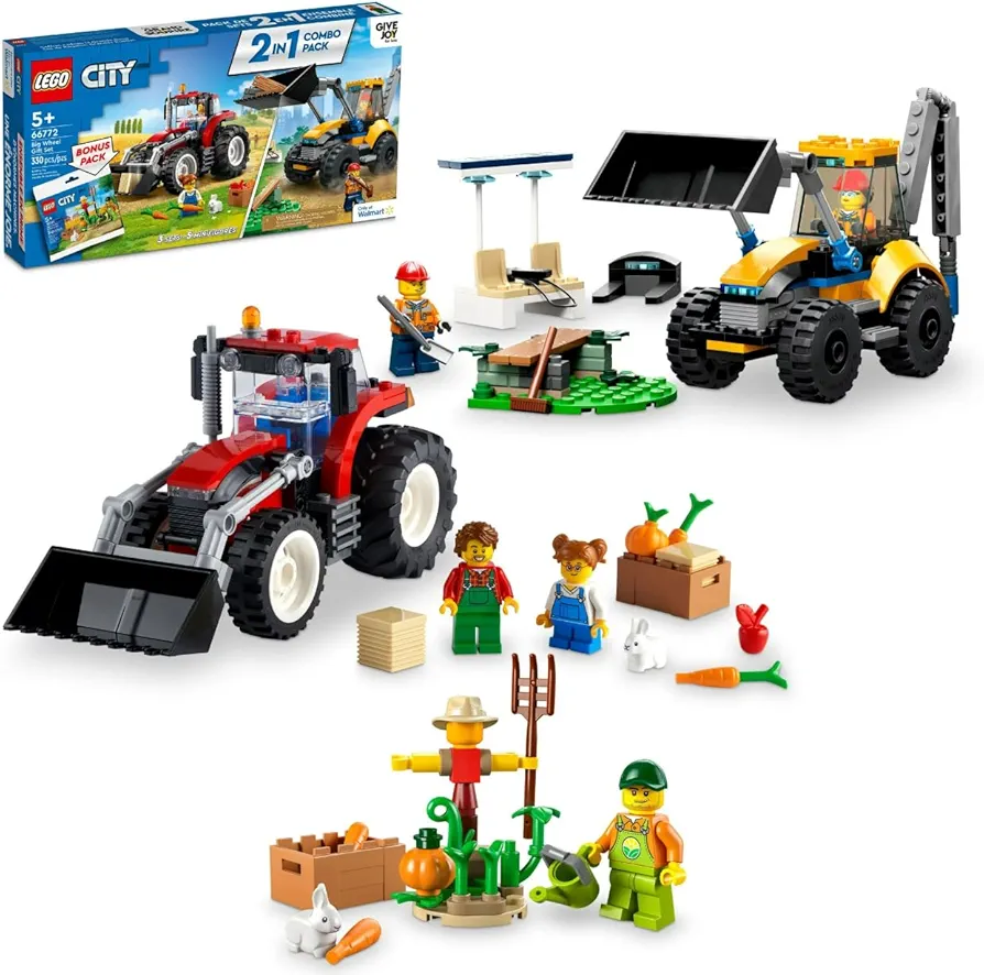 LEGO City Big Wheel Gift Set 66772, 2in1 Tractor and Construction Digger Building Toy Sets Plus Farm Garden & Scarecrow Bonus Pack, Great Gift for Boys and Girls Ages 5 and up