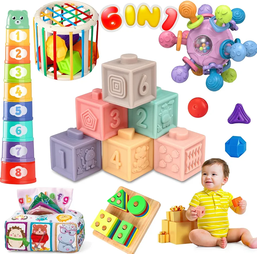 Baby Toys 6 to 12 Months, 6 in 1 Montessori Toys for Babies 6-12 Months, Infant Teething Toys, Sensory Shape Sorter Bin, Soft Stacking Blocks & Cups, Wooden Sorting Toys for Toddler