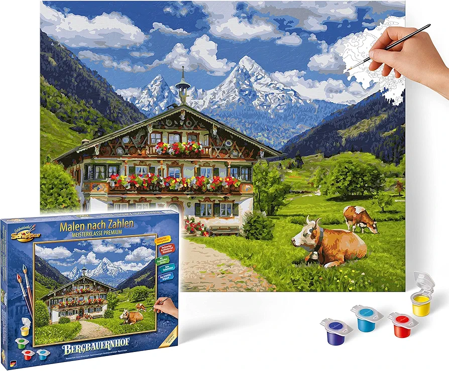 Schipper 602100458 Natural Numbers Mountain Farm Pictures for Adults, includes Brush and Acrylic Paints, 40 x 50 cm, multicoloured, Mittel