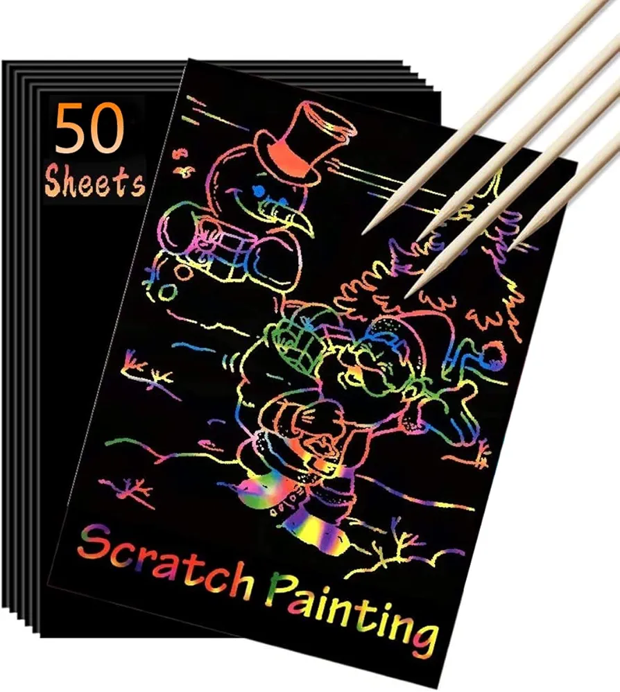 10x7inch Black Scratch Off Paper Set,50Pcs Magic Art Craft Supplies Kits for Kids Girls Boys Scratch Notes Sheet Doodle Pad for Fun DIY Gift