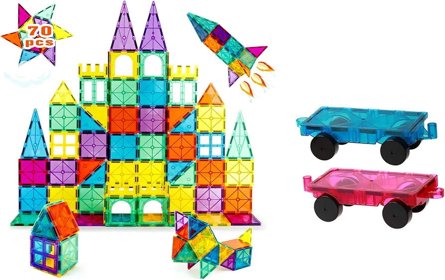 70 PCS Magnetic Building Tiles+ 2 Cars STEAM Educational Playset for Creative, Fun and Learning Construction Play