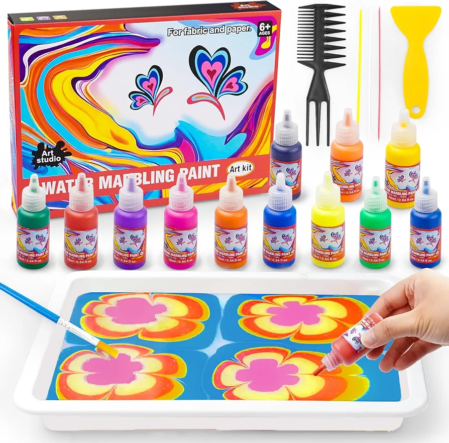 Water Marbling Paint Kit for Kids - Water Marbling Paint Art Kit for Kids Marble Painting Kits Arts & Crafts Marbling Paint kit 12 Colors - Crafts kits for kids Age 6-8 8-12 Birthday