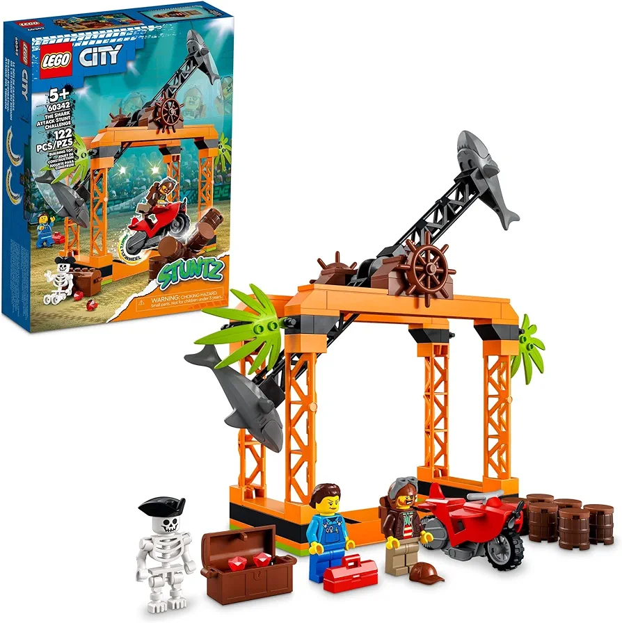 LEGO City Stuntz The Shark Attack Stunt Challenge Adventure Series Toy with Flywheel Powered Stunt Bike & Racer Minifigure, Toys for Kids Years Old and Up, 60342