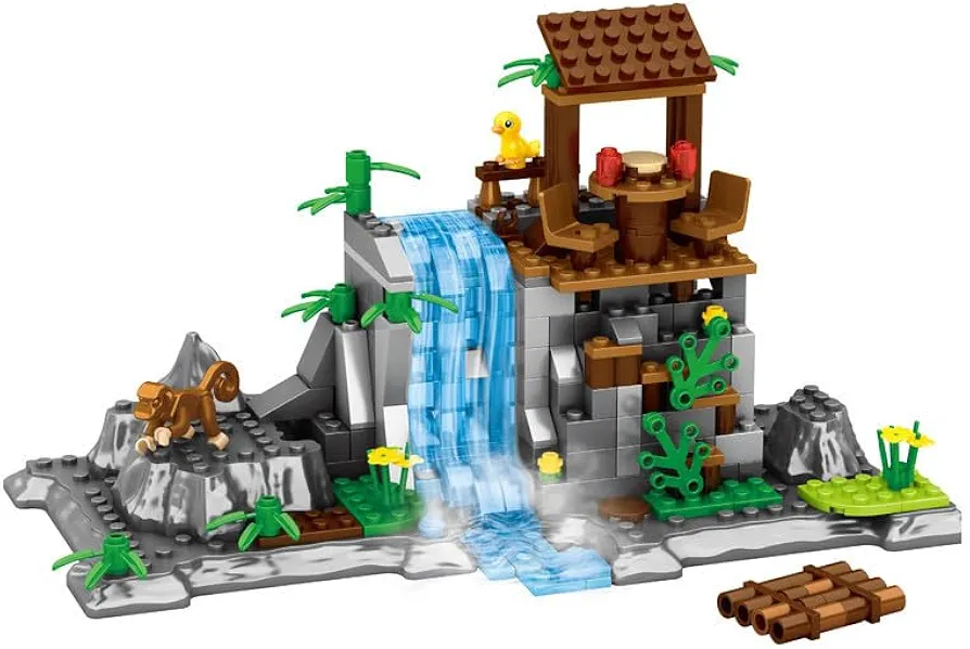 SAN D'ORCIA Farm Animal Building Toys Set, Plants Scenery Jungle Exploration, Zoo,Duck Pond, Volcanic Hot Springs, Bamboo Raft，Monkey，Compatible with Lego 630 Building Accessory (Waterfall)