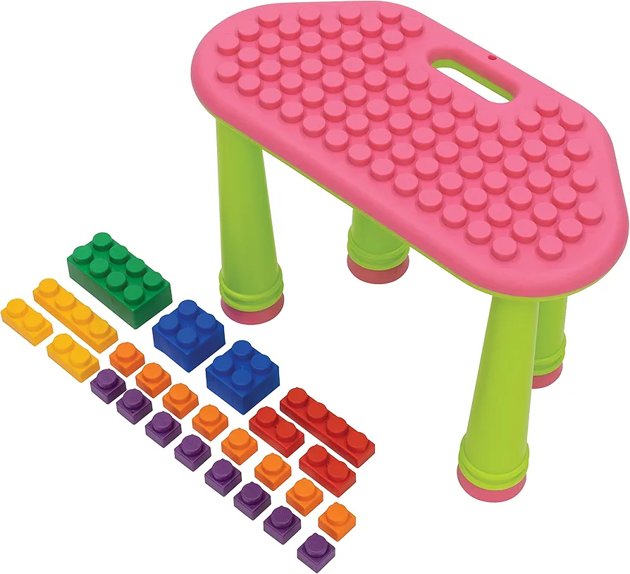 UNiPLAY Indoor/Outdoor Toddler Activity Table Set with 25 Piece Building Blocks, Kids Play Table for Building Blocks Toy, Motor Development, Sensory Learning Toys for Toddlers (Pink)