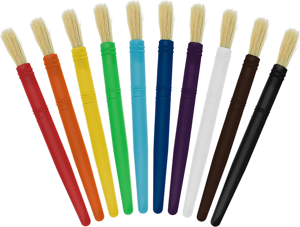 U.S. Art Supply 10-Piece Large Round Chubby Hog Bristle Tempera Paint Brush Set - Fun Party, School, Student, Class Craft Painting - Beginners Starter Artist Painting Brush Kit