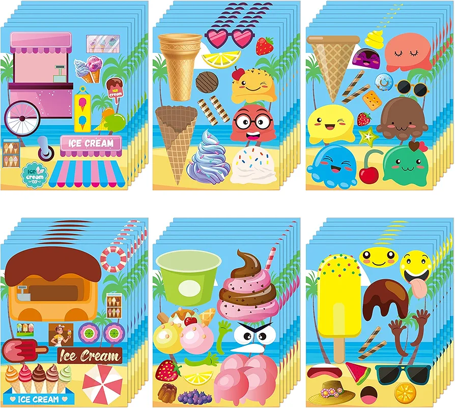 WATINC 36Pcs Make Your Own Stickers Ice Cream Theme Make-a-face Sticker Sheets DIY Mix and Match Decoration with Popsicle Strawberry Lemon for Kids Summer Seaside Party Favors Supplies Birthday Games