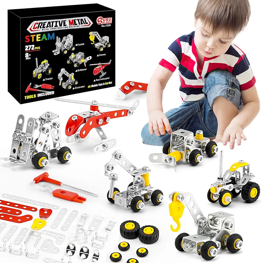 Stem Building Toys, Metal Construction Vehicles & Helicopter Model kit 6 Models, 272 PCS Erector Sets for Boys Age 8-12, Learning Toy Metal Models