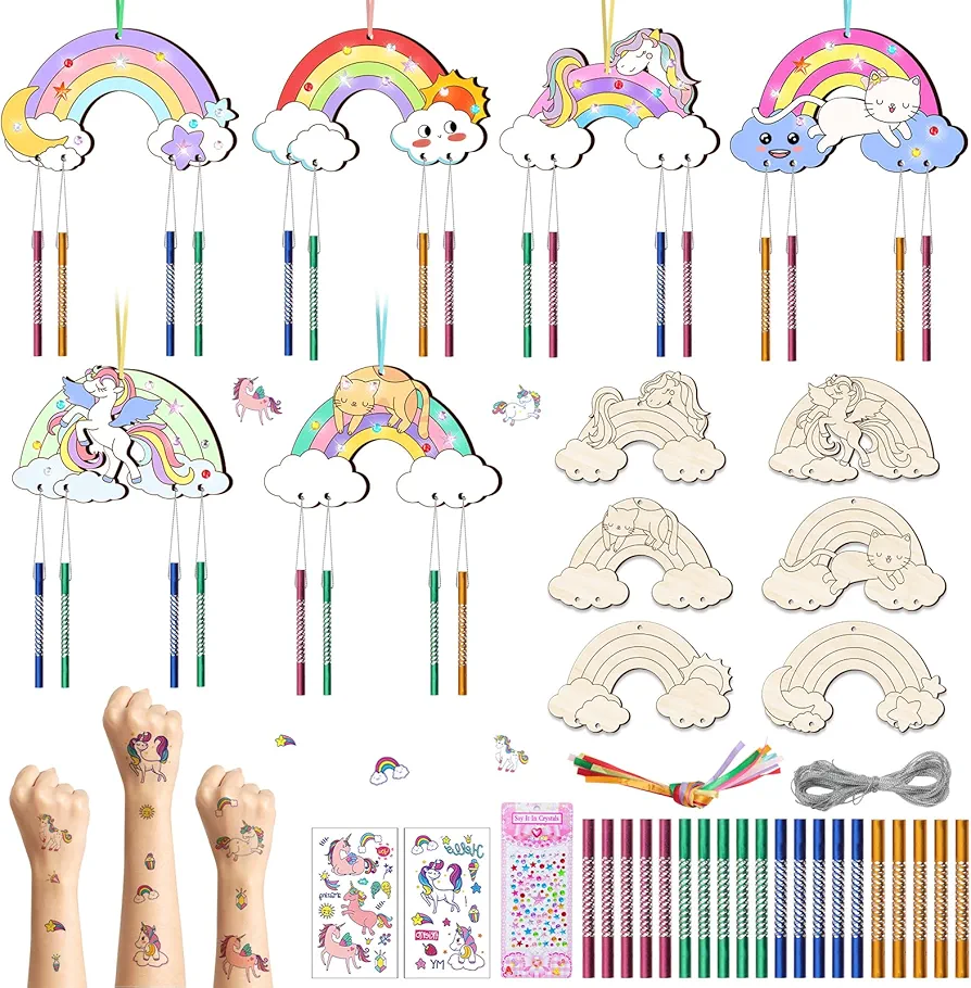 12 Pack Rainbow Wind Chime Kit for Kids Make Your Own Rainbow Horse Cat Wind Chime Wooden Arts for Kids Wooden Ornaments DIY Coloring Horse Craft for Art School Activity Birthday Party Supplies