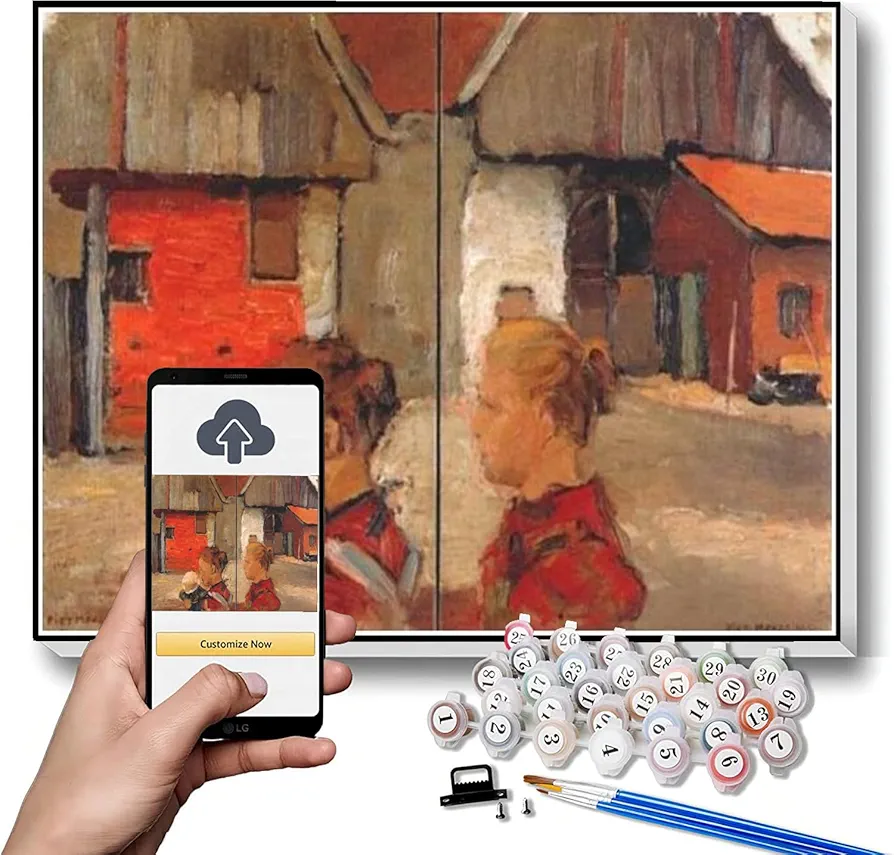 Paint by Numbers for Adult Kits Woman and Child in Front of A Farm Painting by Piet Mondrian Arts Craft for Home Wall Decor