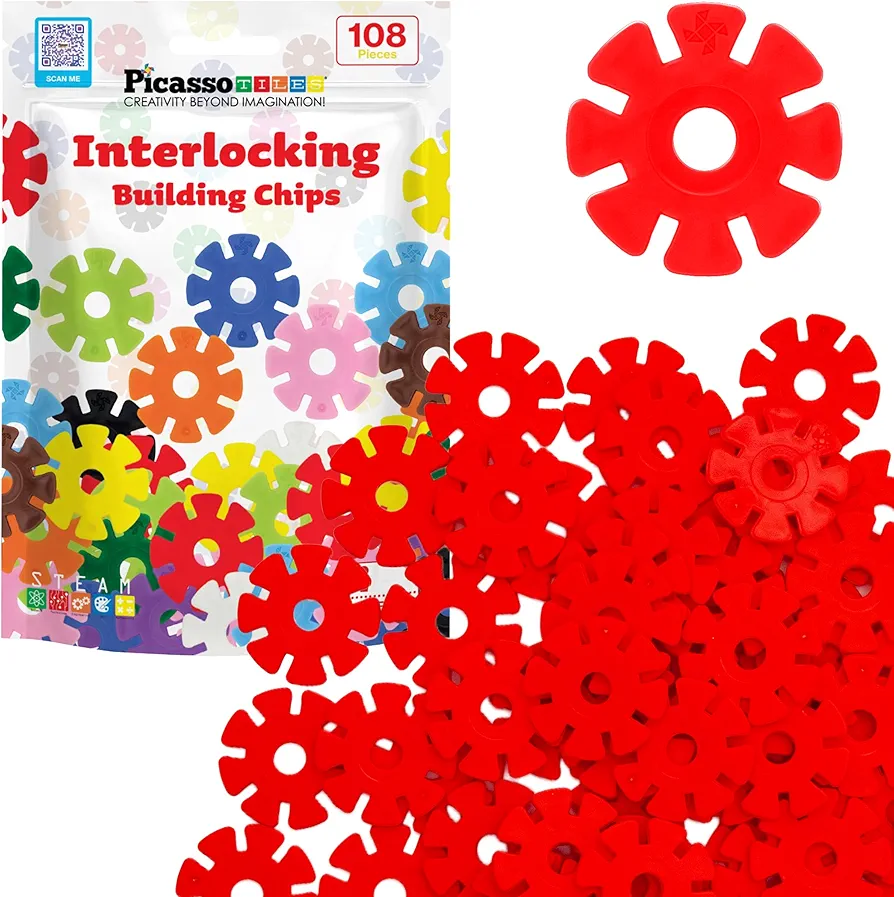 PicassoTiles Building Chips Interlocking Disc Construction Blocks in Red Color STEM Learning Early Education Toy Engineering Playset Child Brain Development for Toddlers Girls Boys Kids Age 3+ PTF108