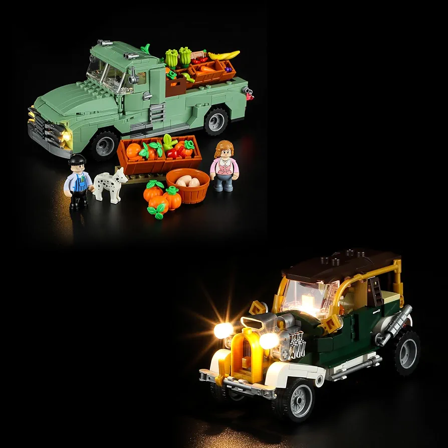 FUNWHOLE Lighting Building Bricks Set Vintage Car and Farm Truck