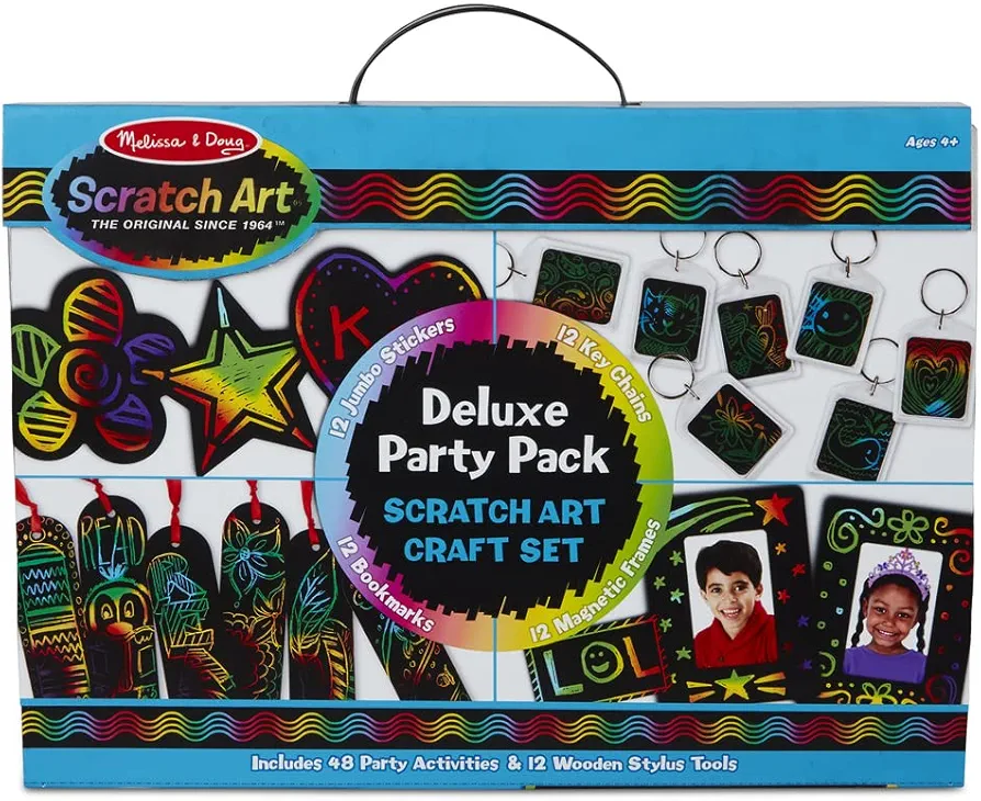 Melissa & Doug Scratch Art® Deluxe Party Pack Craft Set – 12 Jumbo Stickers, 12 Key Chains, 12 Bookmarks, 12 Magnetic Frames, 12 Stylus