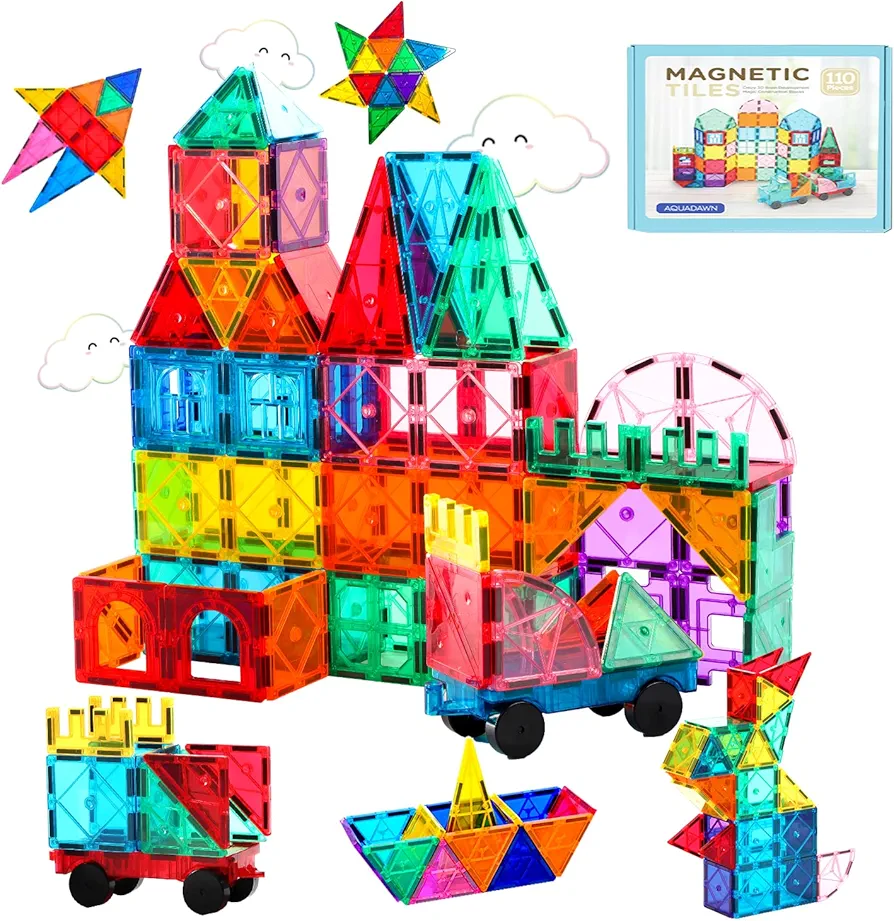 110 Pieces Magnetic Building Tiles Set with 2 Cars, Magnetic Building Blocks for Toddlers 1-3, Educational Toys Tiles for Kids Ages 4-8, 3D Toys Gifts for Girls Boys