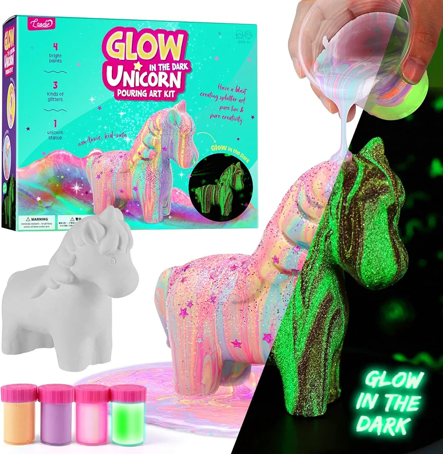 LAOESE Unicorn Painting Art Kit - Glow in The Dark Pouring Art Kit - Arts and Crafts for Kids Girls Ages 6-8, 8-12, Unicorn Craft Kits Art Toys, Art Supplies Christmas Birthday Gift for Kids