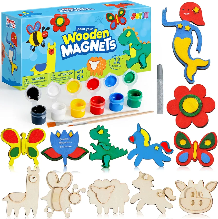 JOYIN 12 pcs Wooden Magnets, Spring Arts & Crafts for Boys and Girls, Children Painting Craft Activities Kit, Craft Toys Gifts for Birthday Easter Christmas