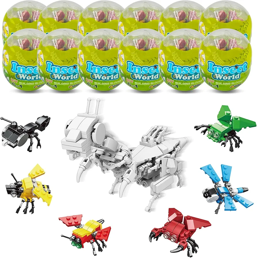 Mini Building Block Sets, 12PCS Insects Building Blocks, 6 in 1 STEM Toys Eggs Building Sets, Party Favors for Kids Goodie Bags Prizes/Birthday Gifts