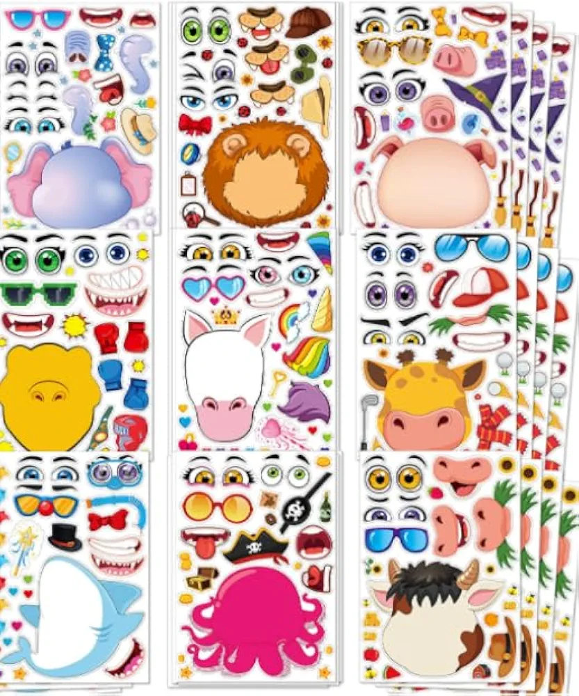 Mocoosy 36 Sheets 10''×6.7'' Make Your Own Animal Stickers for Kids, Make A Face Sticker for Toddlers, Animal Party Favors Mix and Match Decals DIY Paper Craft Game Activities Party Supplies