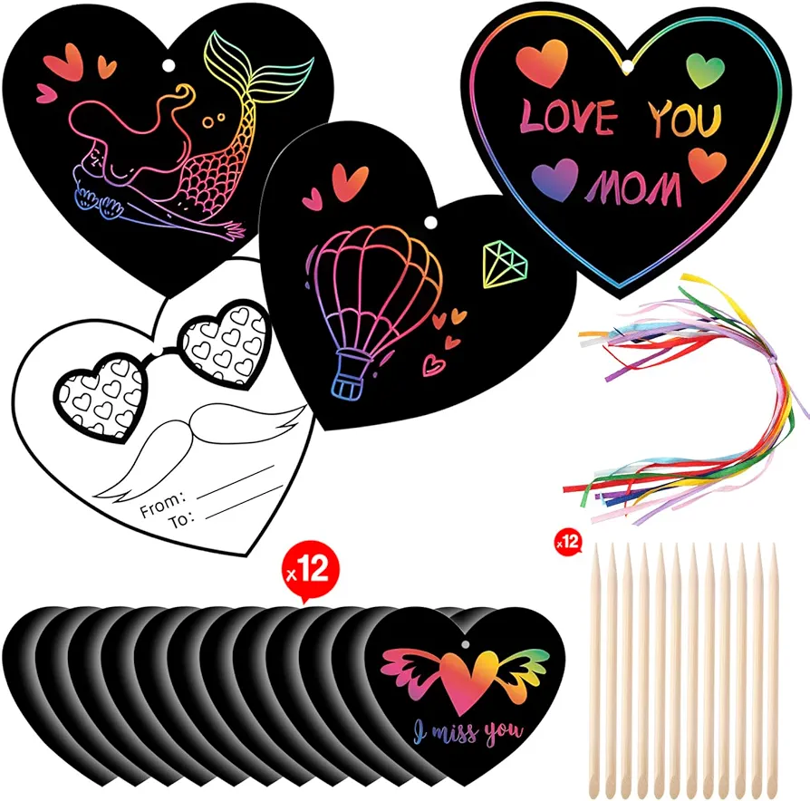 12 Pcs Heart Shape Scratch Paper Art Set Hanging Craft Art Kits Magic Rainbow Scratch Cards with 12 Pcs Wooden Stylus and 12 Pcs Ribbons for Kids Classroom Party Favor DIY Art Decor