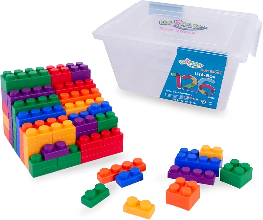 UNiPLAY UNiBOX Soft Building Blocks — Cognitive Development, Chewing Sensory, Toy Learning Stackable Blocks for Ages 3 Months and Up (126-Piece Set)